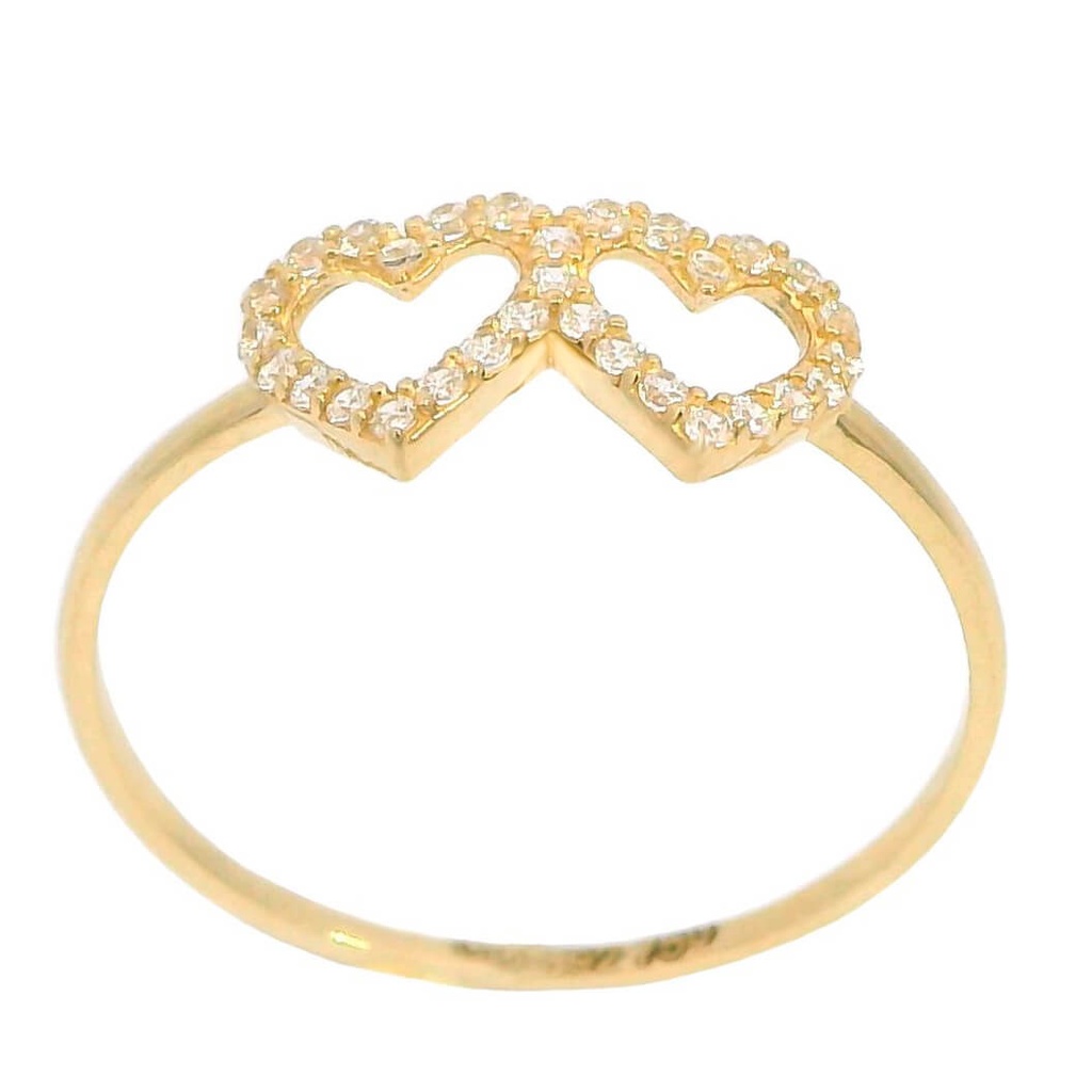 Anillo fino 2 corazones con circonitas oro 18k