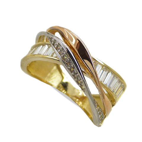 Anillo tricolor piedras bagues y circonitas en oro de 18k