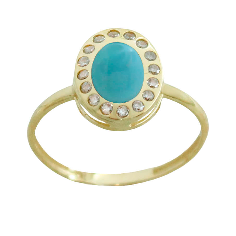 Anillo cabuchón piedra color turquesa y circonitas oro 18k