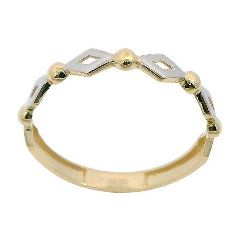 Anillo fino rombos y bolas bicolor oro 18k