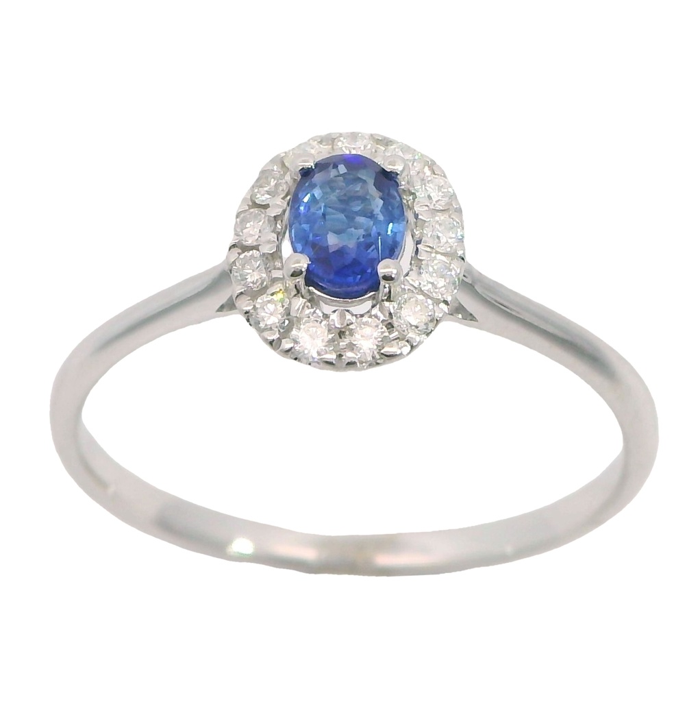 Anillo con zafiro oval y diamantes oro blanco 18k