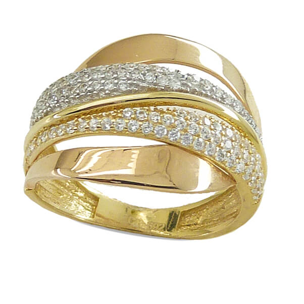 Anillo ancho 3 colores con circonitas oro 18k