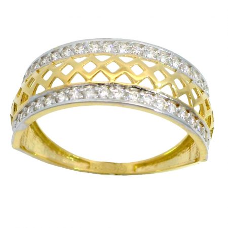 Anillo bicolor calado y circonitas en oro de 18k