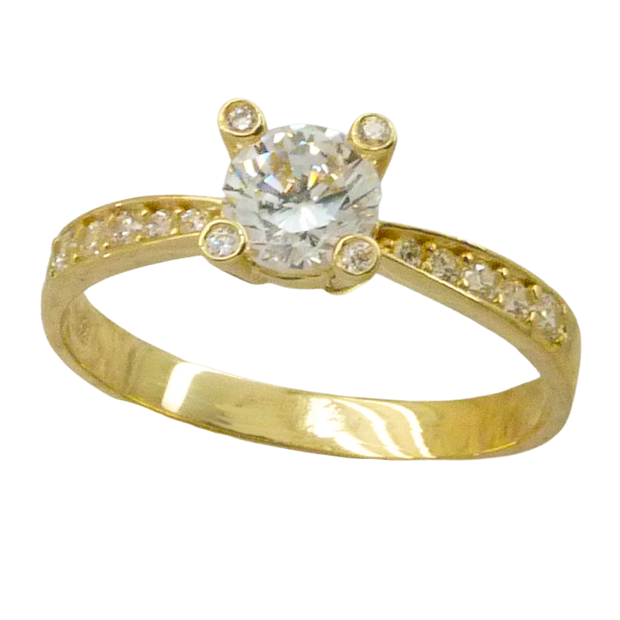 Anillo solitario con garras y circonitas oro 18k.