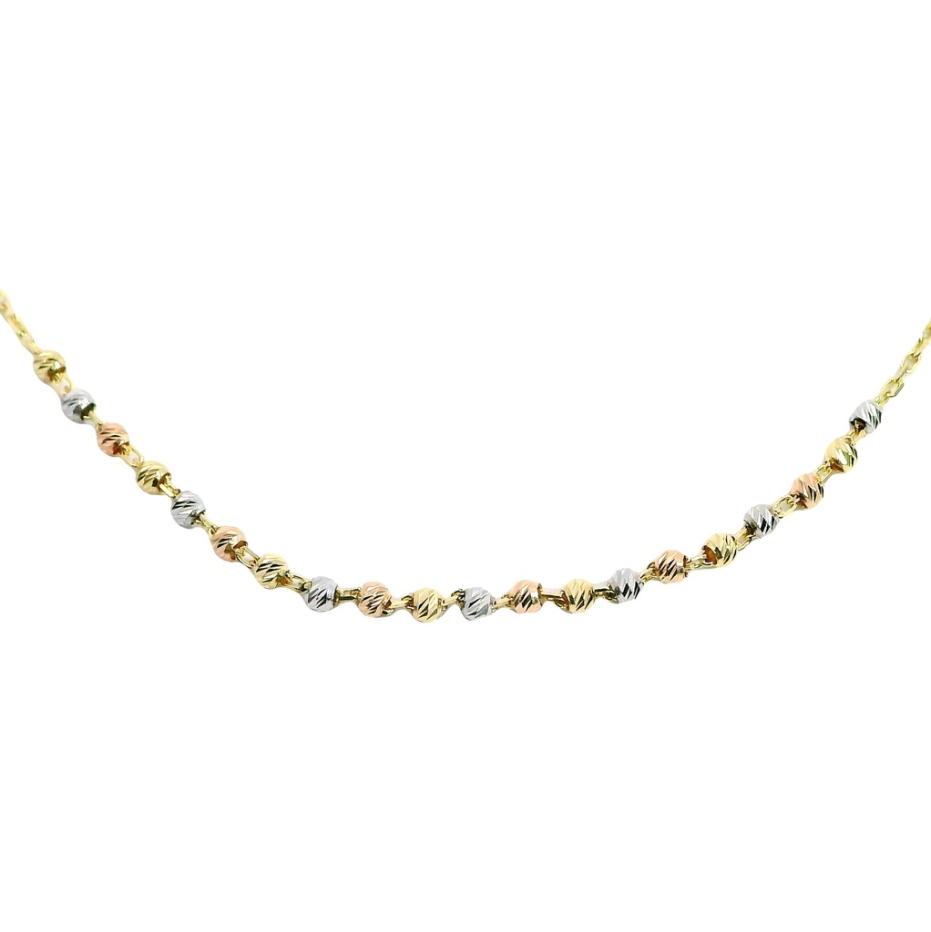 Gargantilla bolas tricolor y cadena en oro de 18k