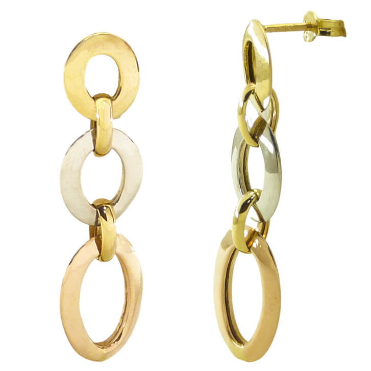 Pendientes largos eslabones tricolor en oro 18k